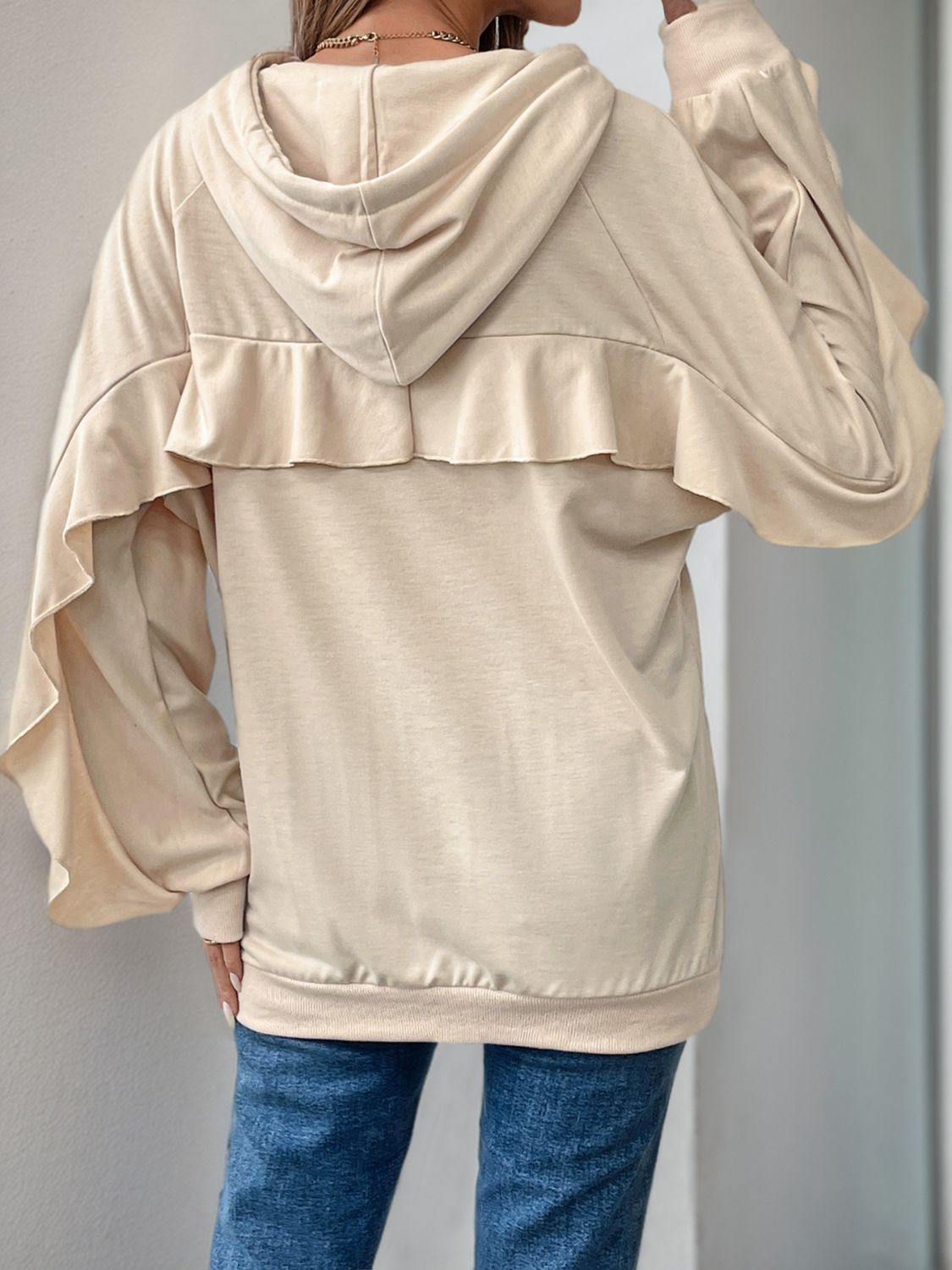 Drawstring Ruffled Long Sleeve Hoodie