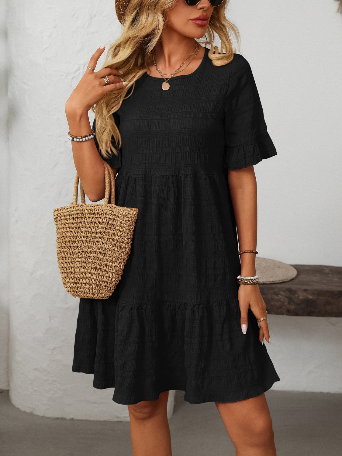 Ruffled Ruched Round Neck Half Sleeve Dress