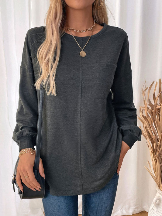 Pocketed Round Neck Long Sleeve Sweatshirt