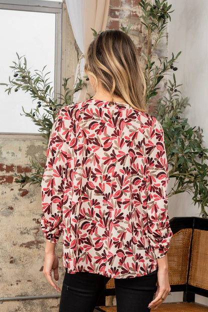 Printed V-Neck Ruched Sleeve Blouse