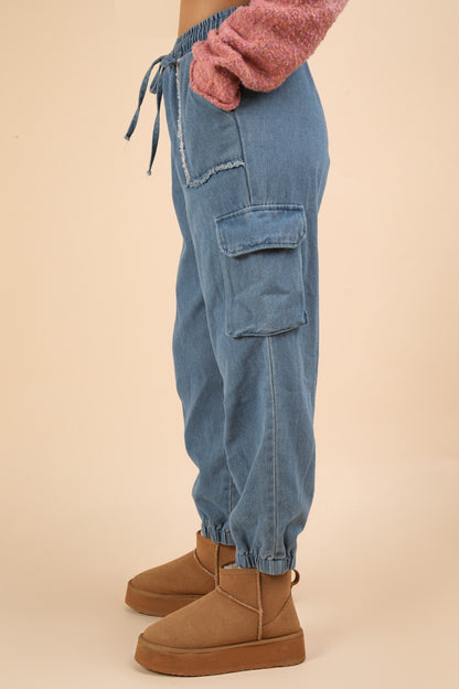 Washed Drawstring Jogger Cargo Jeans