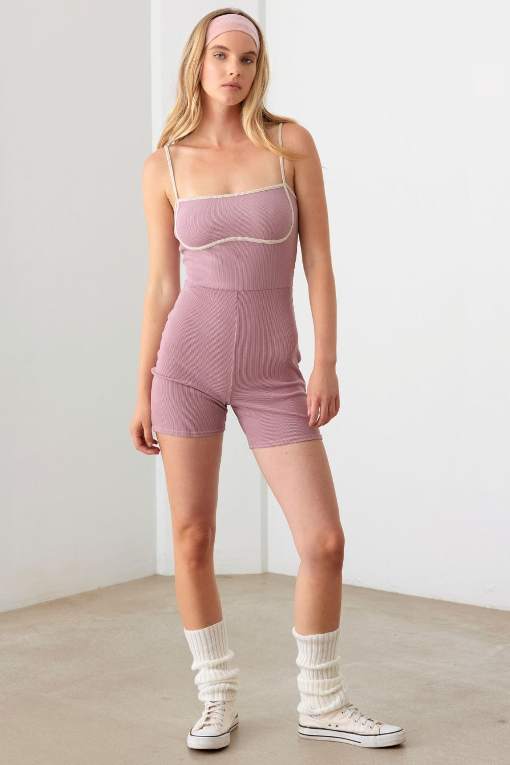 Contrast Trim Ribbed Knit Bodycon Romper