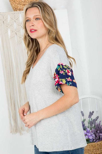 PLUS STRIPE FLORAL MIXED BOXY TOP