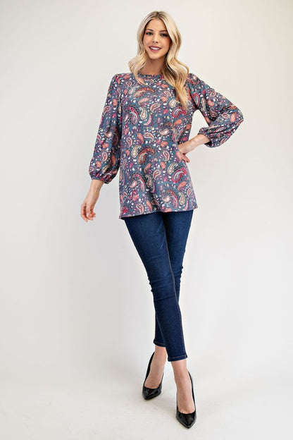Celeste Paisley Round Neck Balloon Sleeve Top