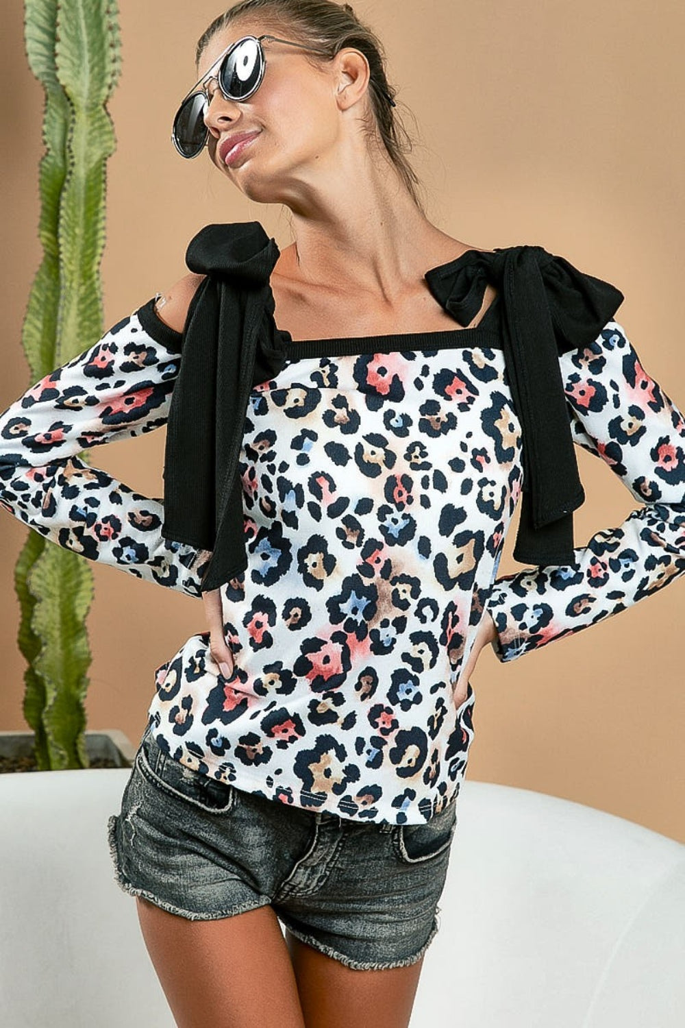 Leopard Shoulder Tie Long Sleeve Top