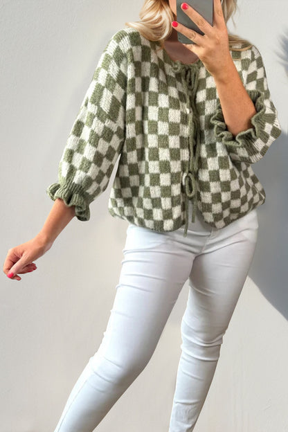 Tied Checkered Dropped Shoulder Flounce Sleeve Cardigan