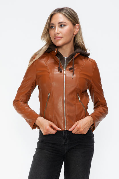 Faux Leather Zip Up Drawstring Hooded Jacket