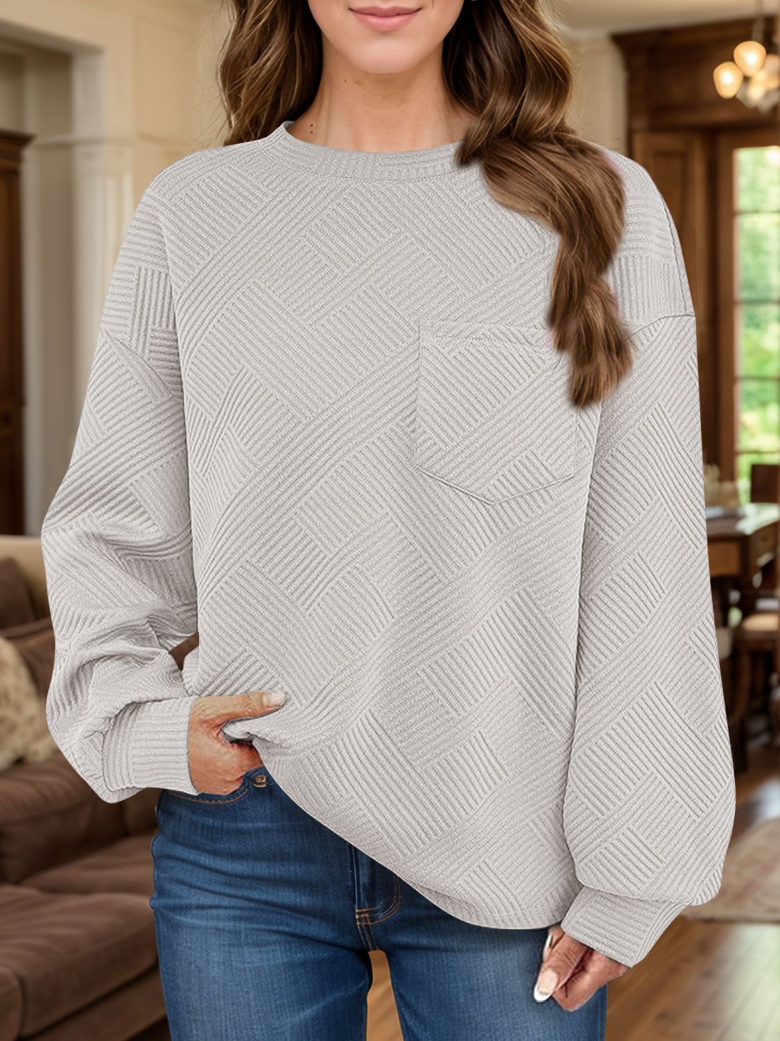 Texture Round Neck Long Sleeve Sweatshirt