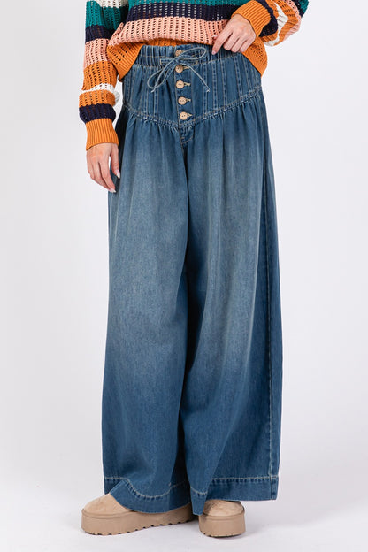 Smocked Waist Band Wide Leg Jeans