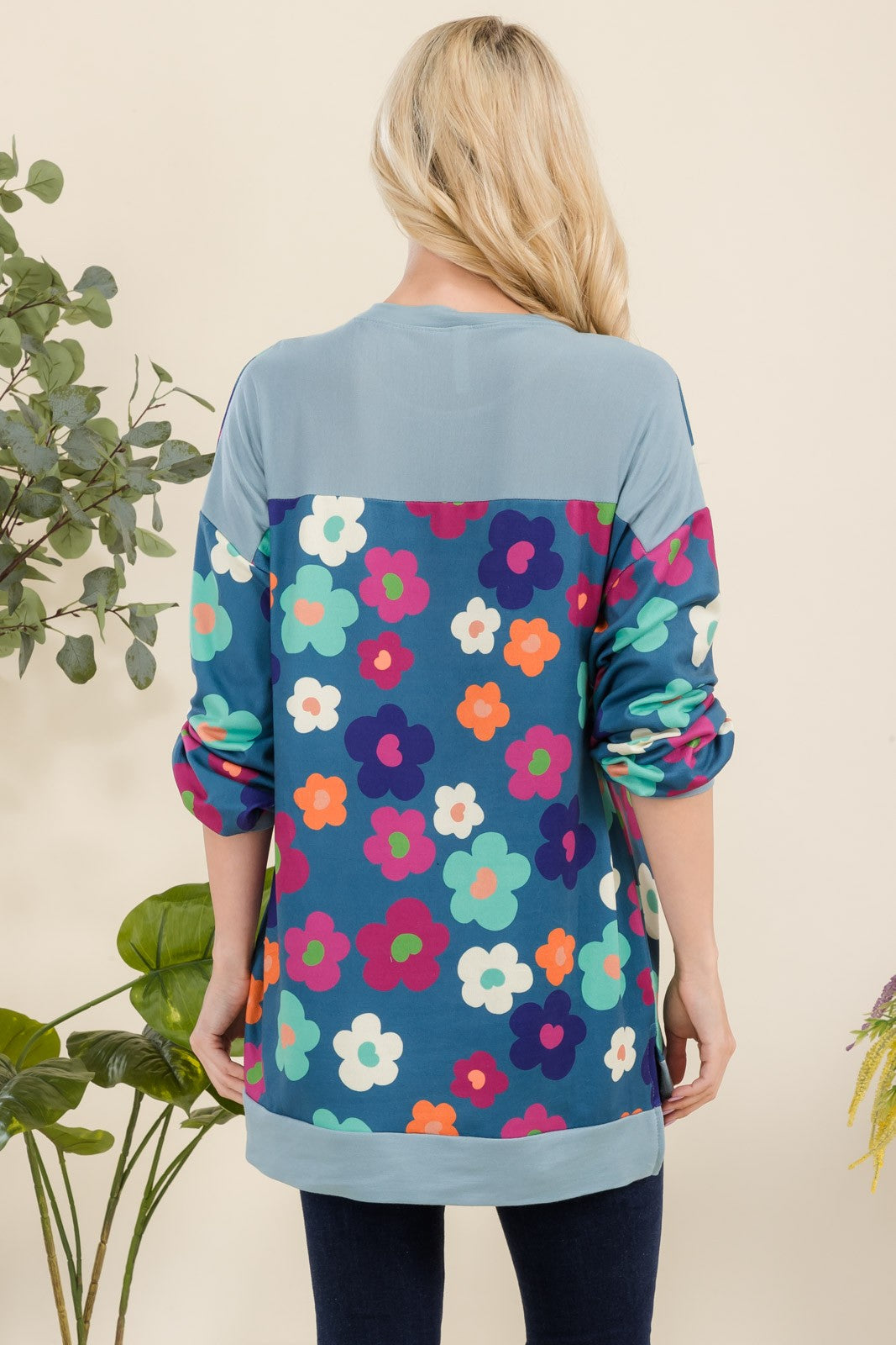 Side Slit Flower Print Long Sleeve Top