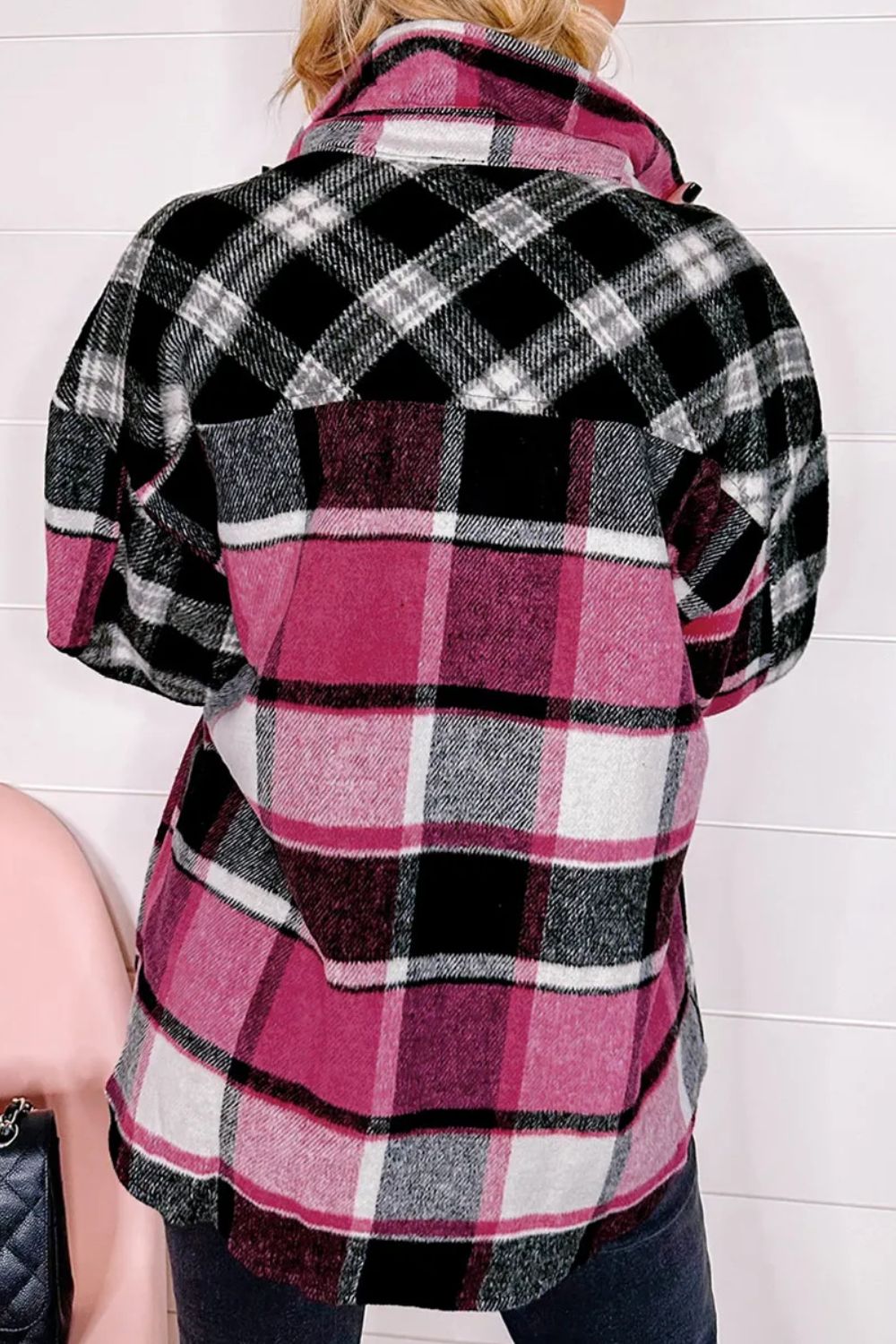 Pocketed Plaid Collared Neck Long Sleeve Shacket