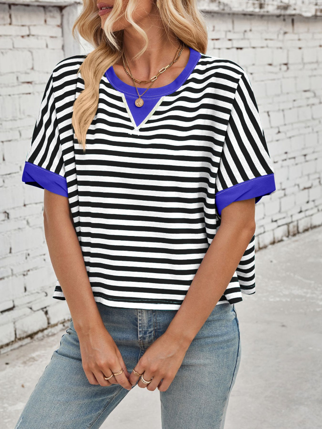 Striped Round Neck Short Sleeve T-Shirt