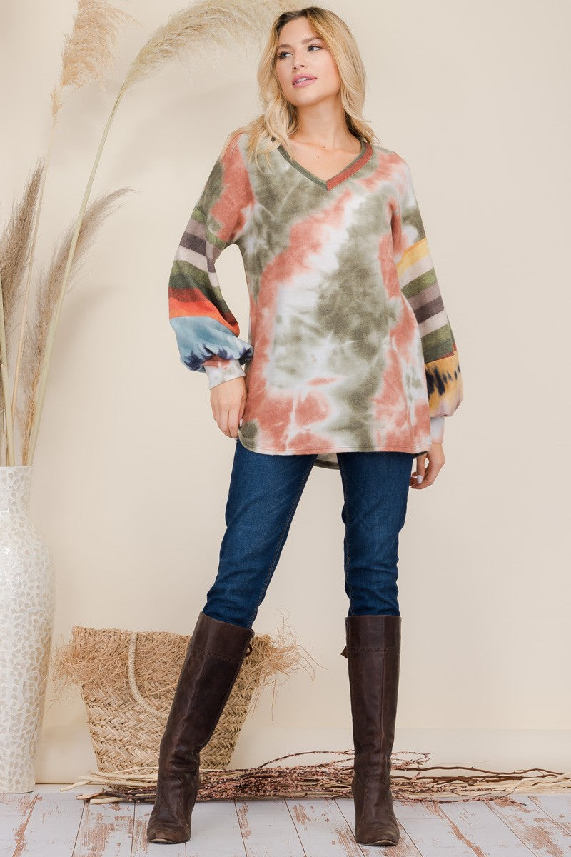 Tie-Dye Contrast Striped V-Neck Long Sleeve Blouse