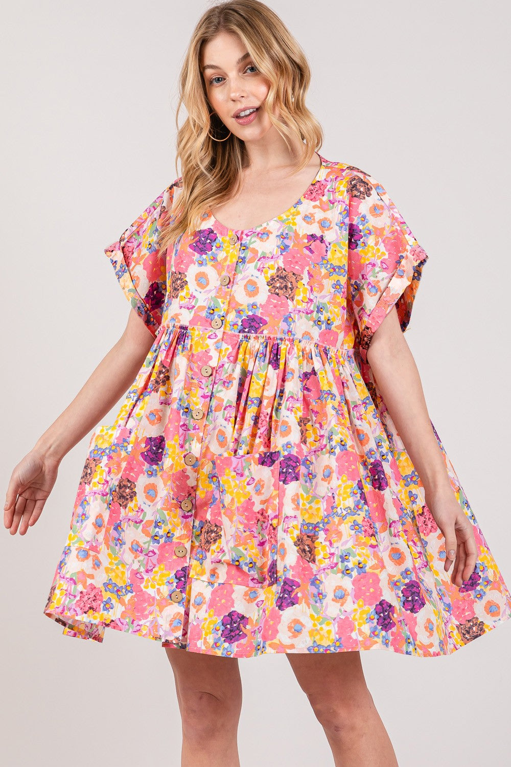 Floral Short Sleeve Babydoll Dress with Pockets