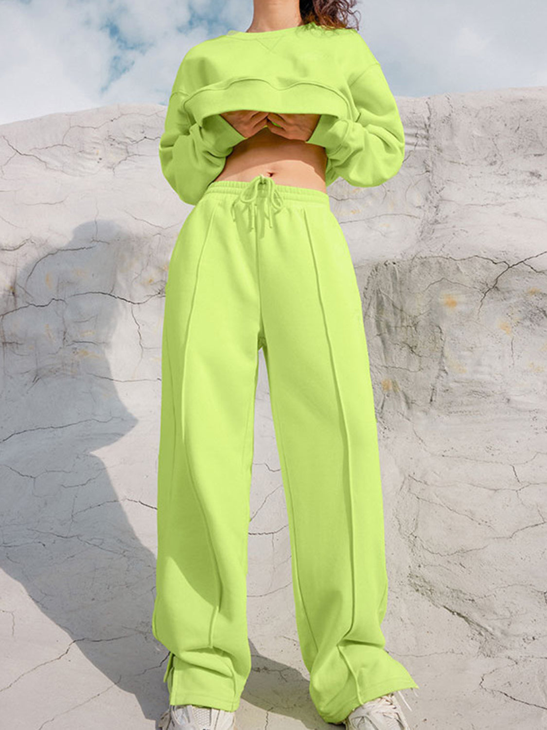 Round Neck Long Sleeve Top and Elastic Waist Pants Set