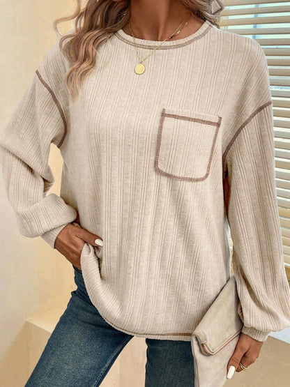 Contrast Stitching Round Neck Long Sleeve T-Shirt