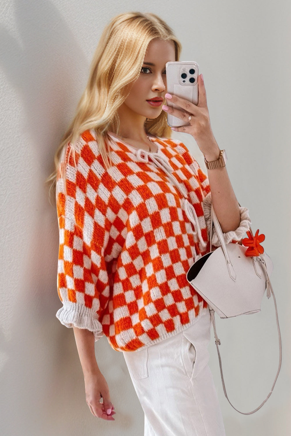 Tied Checkered Dropped Shoulder Flounce Sleeve Cardigan