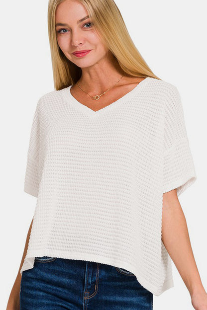 Drop Shoulder Short Sleeve Jacquard Knit Top