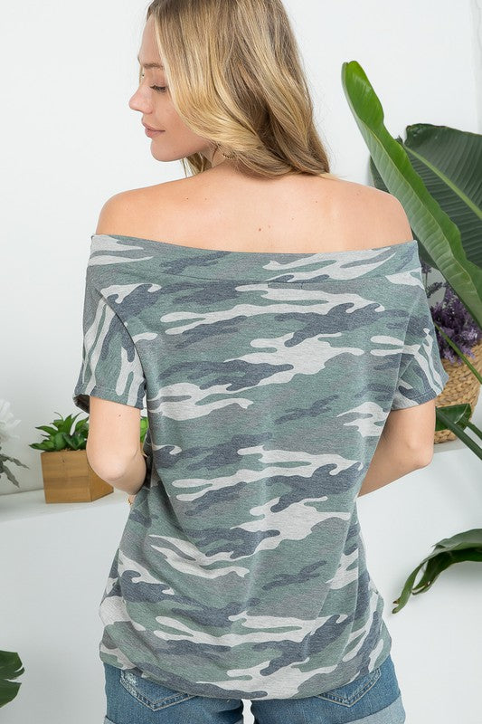 PLUS CAMOUFLAGE OFF SHOULDER TOP