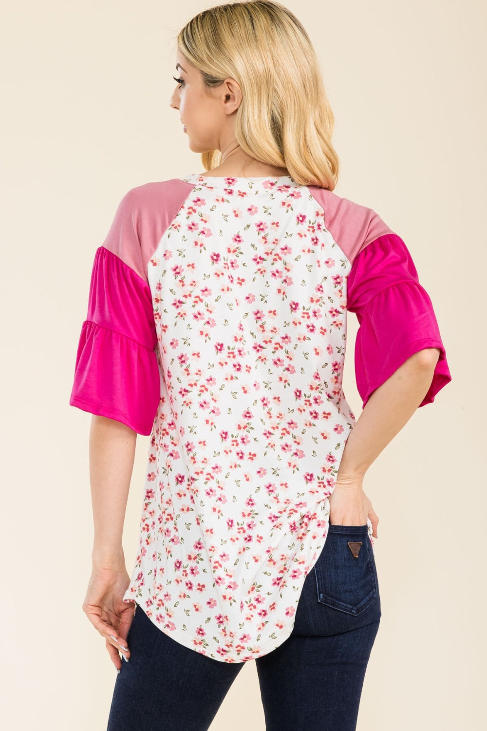 Floral Contrast Bell Sleeve Top