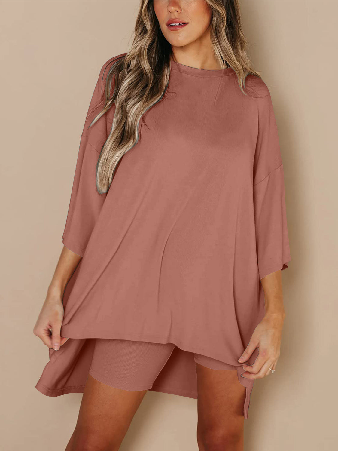 Round Neck Top and Skinny Shorts Set