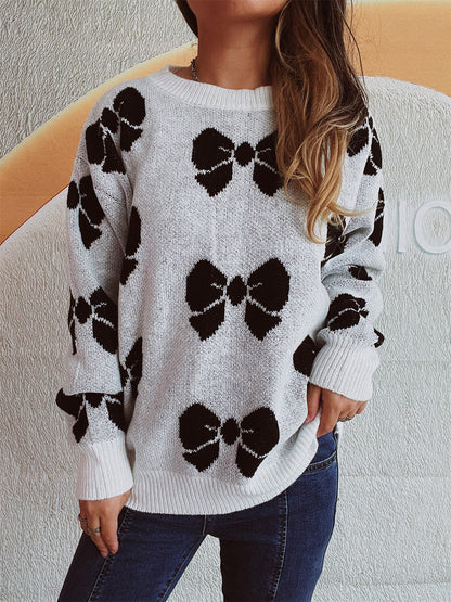 Bow Round Neck Dropped Shoulder Sweater