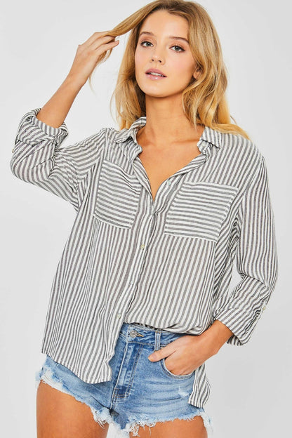 Striped Collared Neck Long Sleeve Shirt