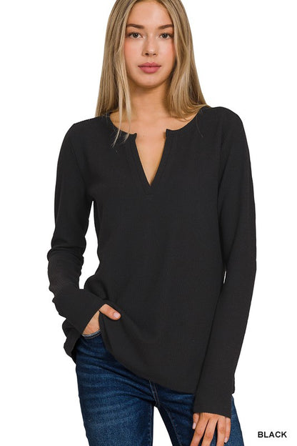 Melange Baby Waffle V-Neck Long Sleeve Top