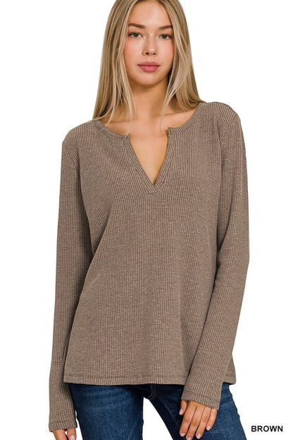 Melange Baby Waffle V-Neck Long Sleeve Top