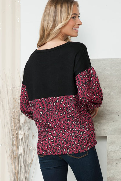 Leopard Print Contrasted Balloon Sleeve Sweater