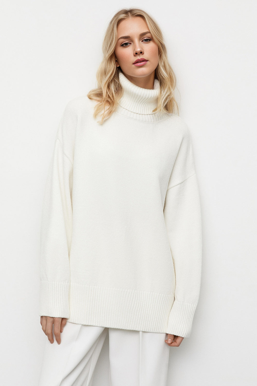 Turtleneck Dropped Shoulder Long Sleeve Sweater