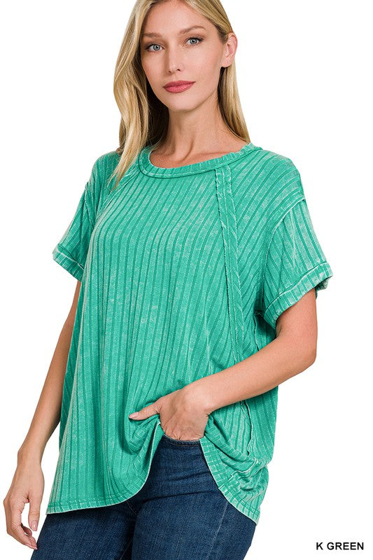 Ribbed Raglan Dolman Sleeve Boat-Neck Top