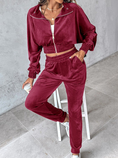 Zip Up Long Sleeve Cropped Top and Joggers Set