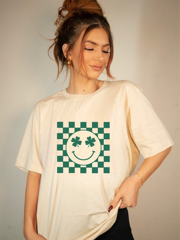 Smiley Checkered St. Patrick's Day Crew Tee