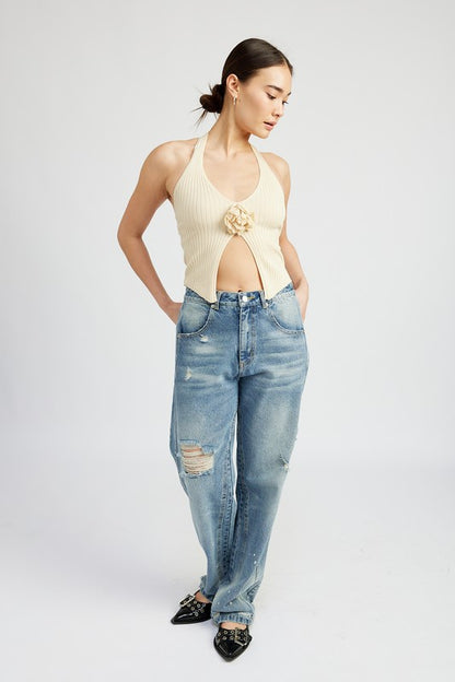 ROSETTE SPLIT FRONT HALTER TOP