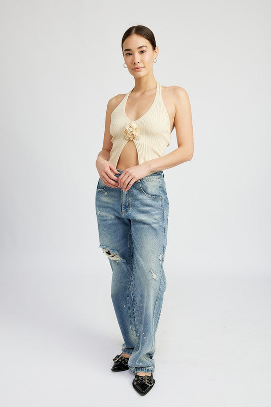 ROSETTE SPLIT FRONT HALTER TOP