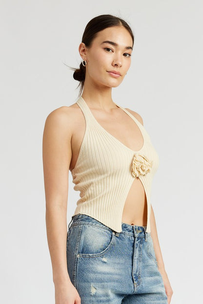 ROSETTE SPLIT FRONT HALTER TOP