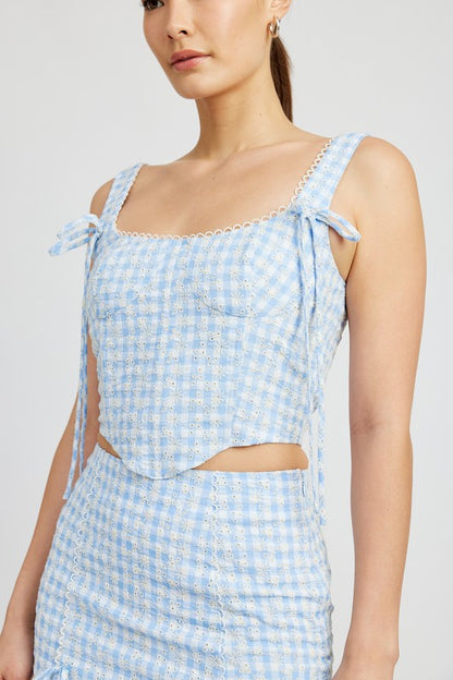 GINGHAM BUSTIER TOP WITH SMOCKED BACK