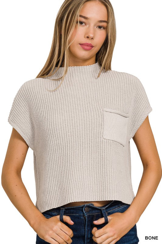 Mock Neck Short Sleeve Cropped Sweater