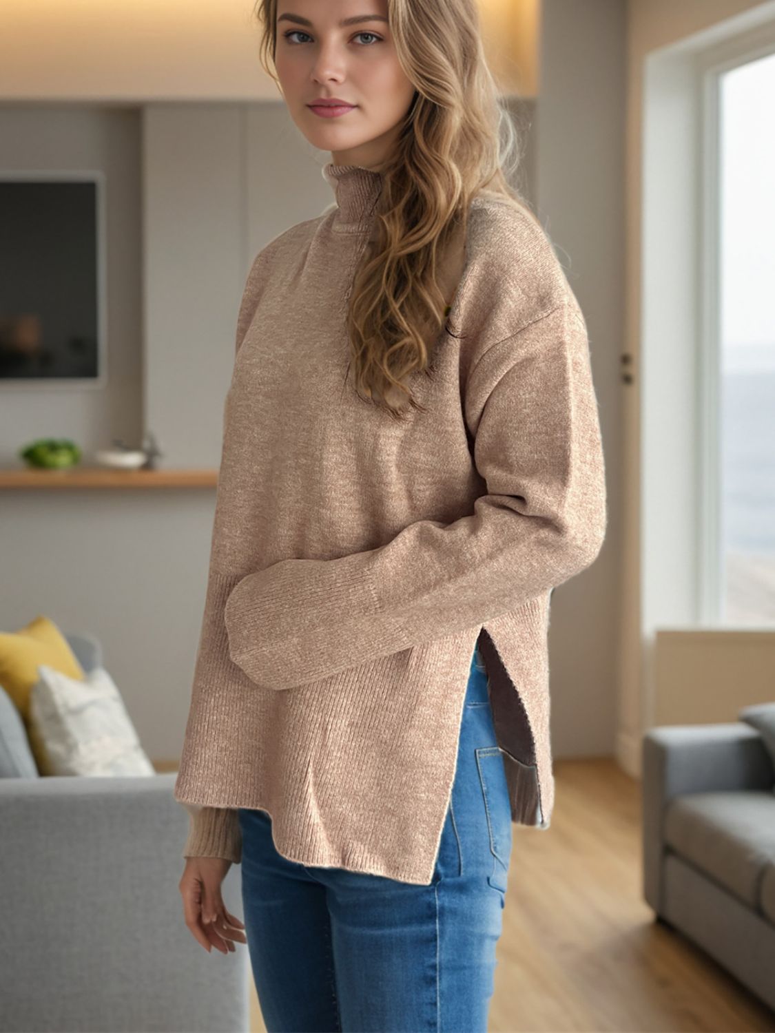 Side Slit Turtleneck Long Sleeve Sweater