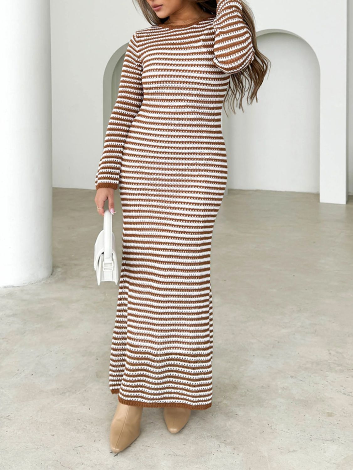 Tied Round Neck Striped Sweater Dress