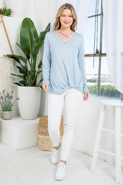 PLUS STRIPE LACE UP NECK TUNIC TOP