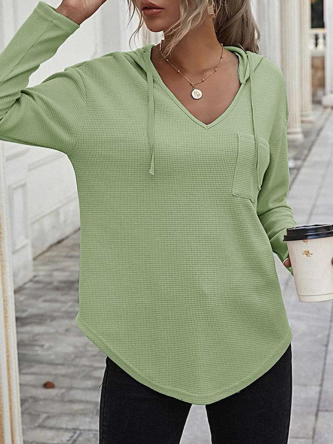 Drawstring Waffle Knit Long Sleeve Hooded Top