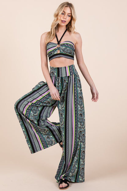 Halter Crop Top with Wide Leg Pants with Pockets Set