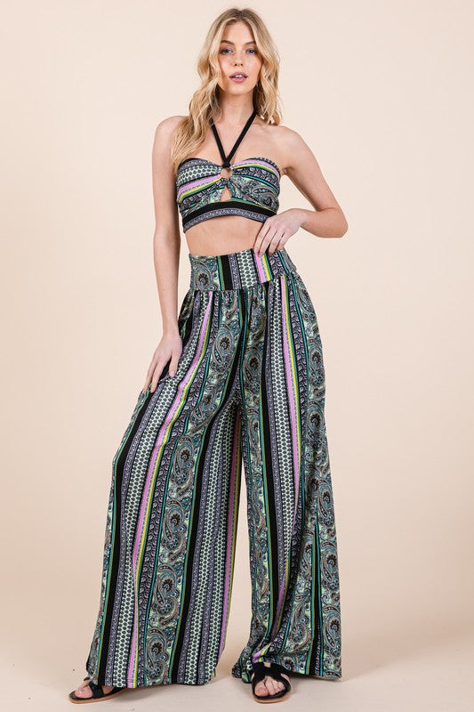 Halter Crop Top with Wide Leg Pants with Pockets Set