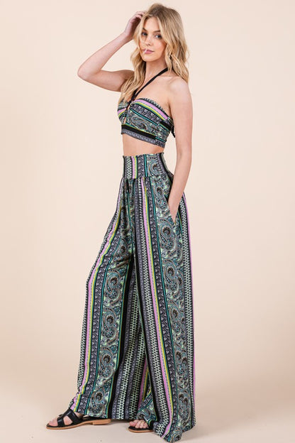 Halter Crop Top with Wide Leg Pants with Pockets Set