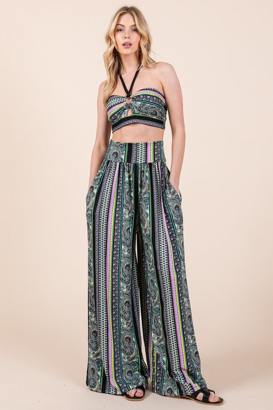 Halter Crop Top with Wide Leg Pants with Pockets Set