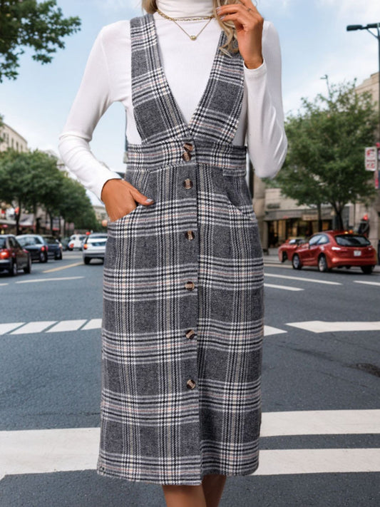 Pocketed Plaid Overall Dress