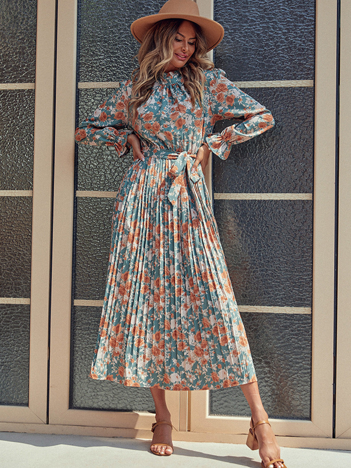 Tied Pleated Printed Mock Neck Long Sleeve Dress
