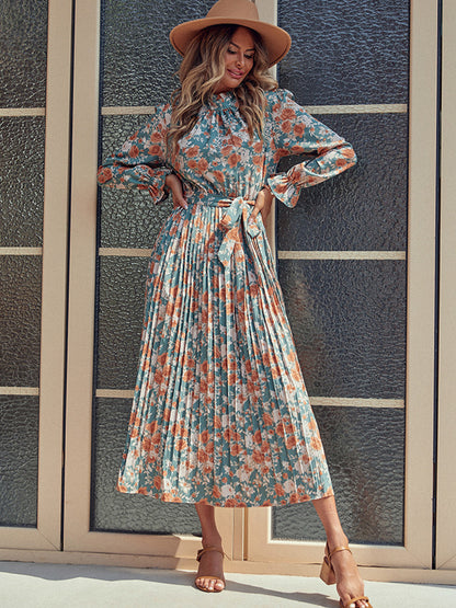 Tied Pleated Printed Mock Neck Long Sleeve Dress